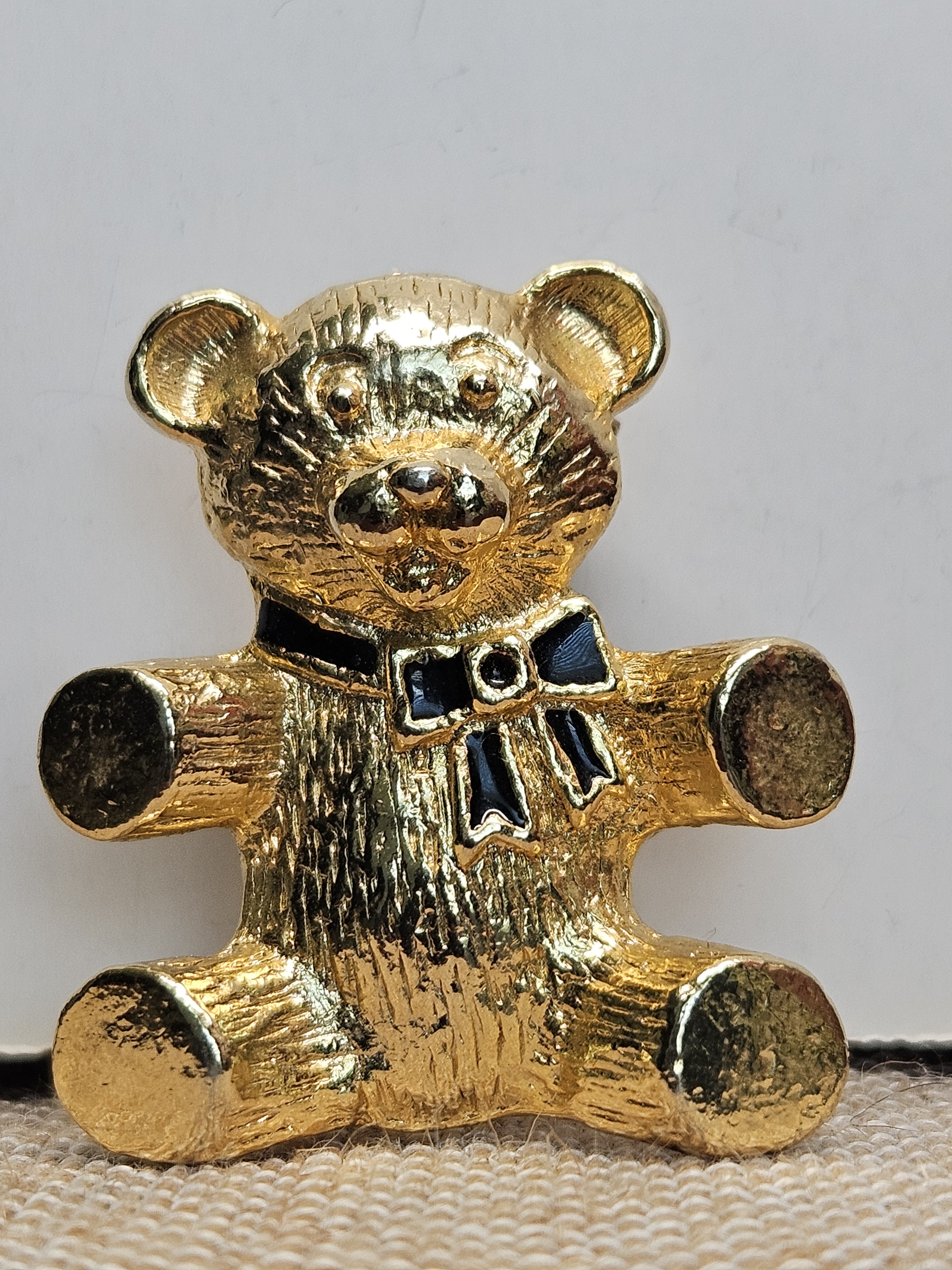 Gold-Tone Teddy Bear Pin With Black Enamel Bow - Unbranded Vintage